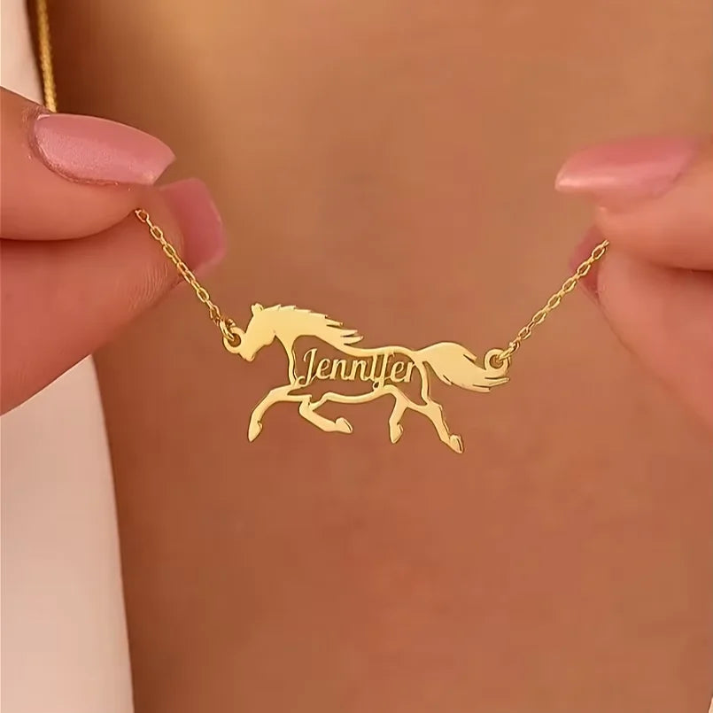 Custom Galloping Horse Name Necklace – Gold Stainless Steel Personalized Animal Pendant for Women & Men
