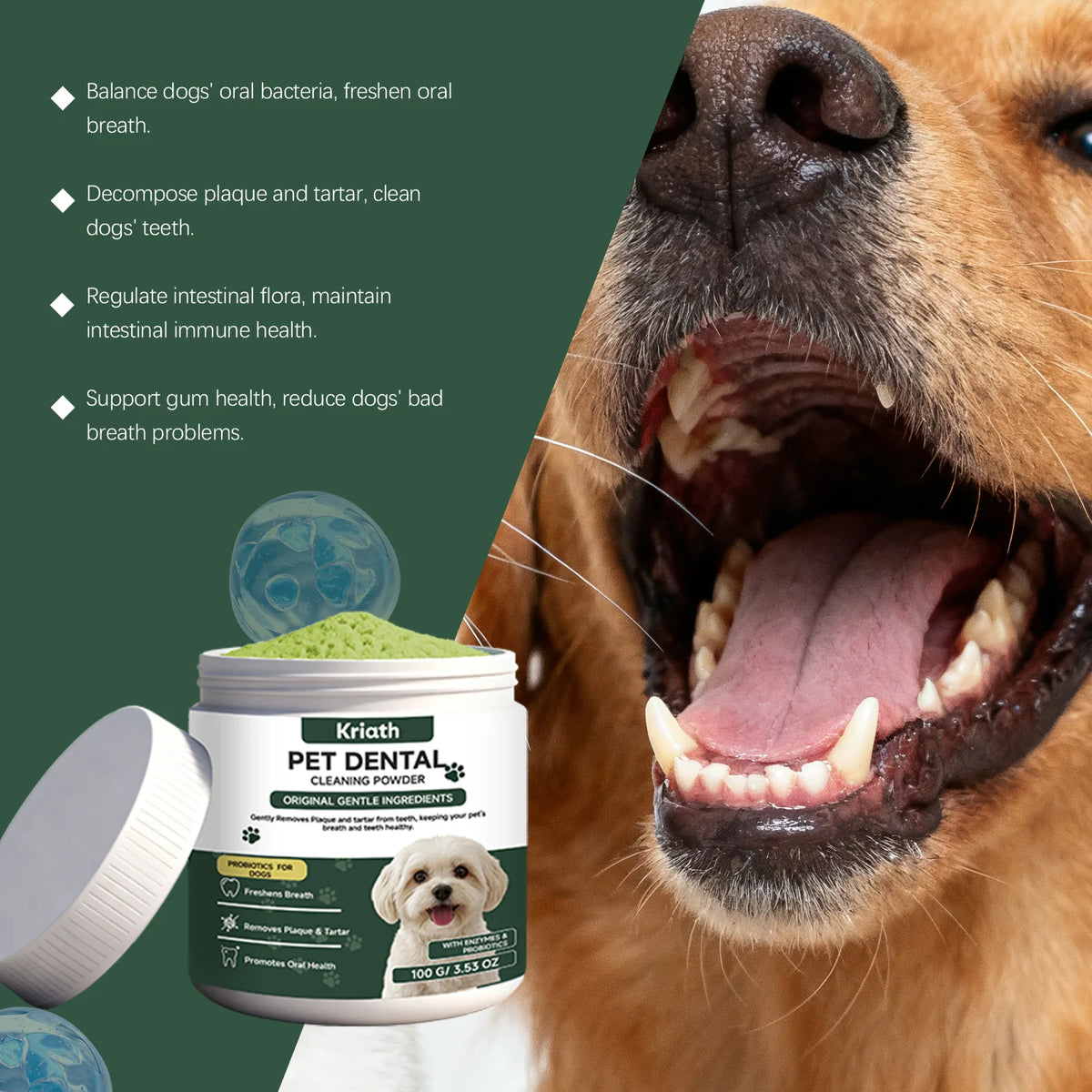 Natural Pet Dental Care Powder – Dog & Cat Breath Freshener, Plaque & Tartar Control, Enzyme Teeth Cleaning & Healthy Gum Support