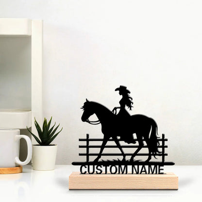 Custom Cowgirl Riding Horse Metal Statue with Wooden Base – Fashion Desktop & Bedroom Decor Sculpture