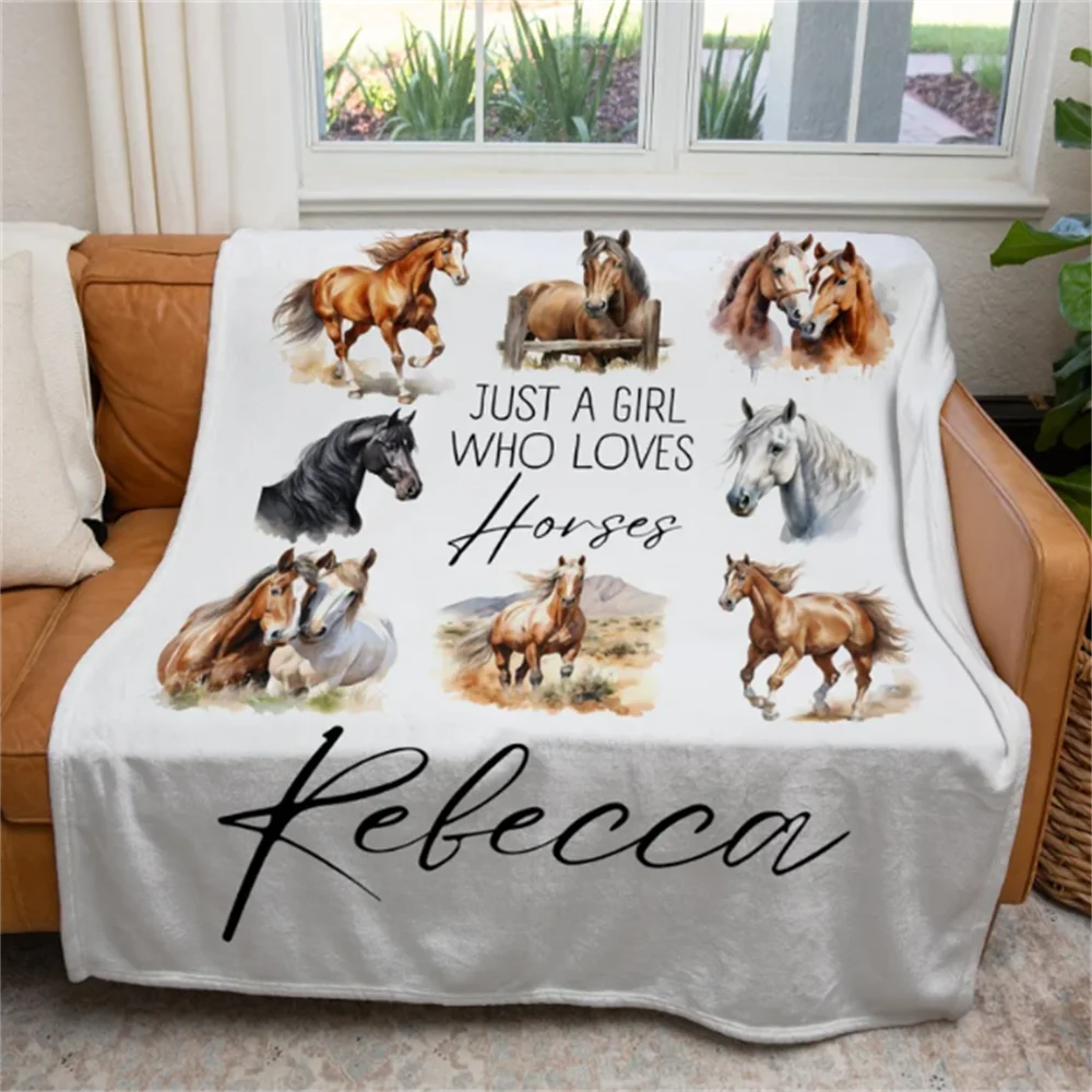 Personalized Horse Lover Blanket – Custom “Just a Girl Who Loves Horses” Equestrian Throw Blanket