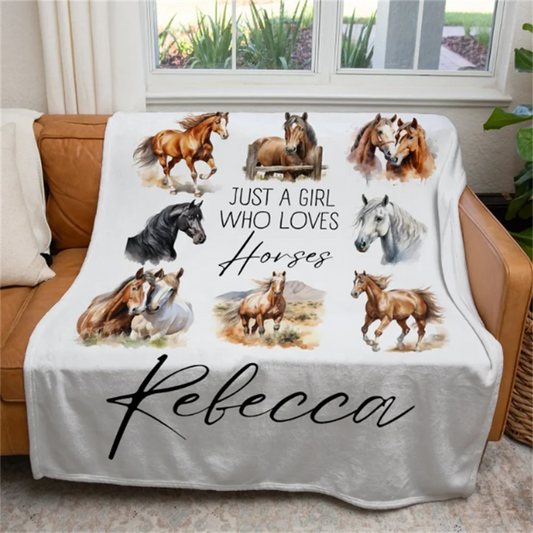 Personalized Horse Lover Blanket – Custom “Just a Girl Who Loves Horses” Equestrian Throw Blanket