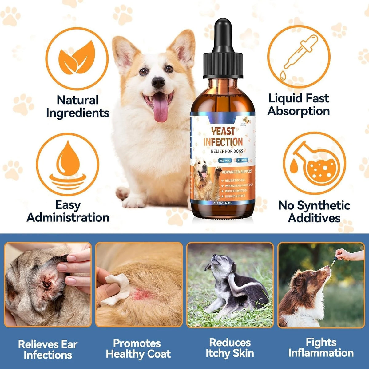Natural Yeast Relief Drops for Dogs – 60ml Ear & Skin Comfort Allergy Support Supplement