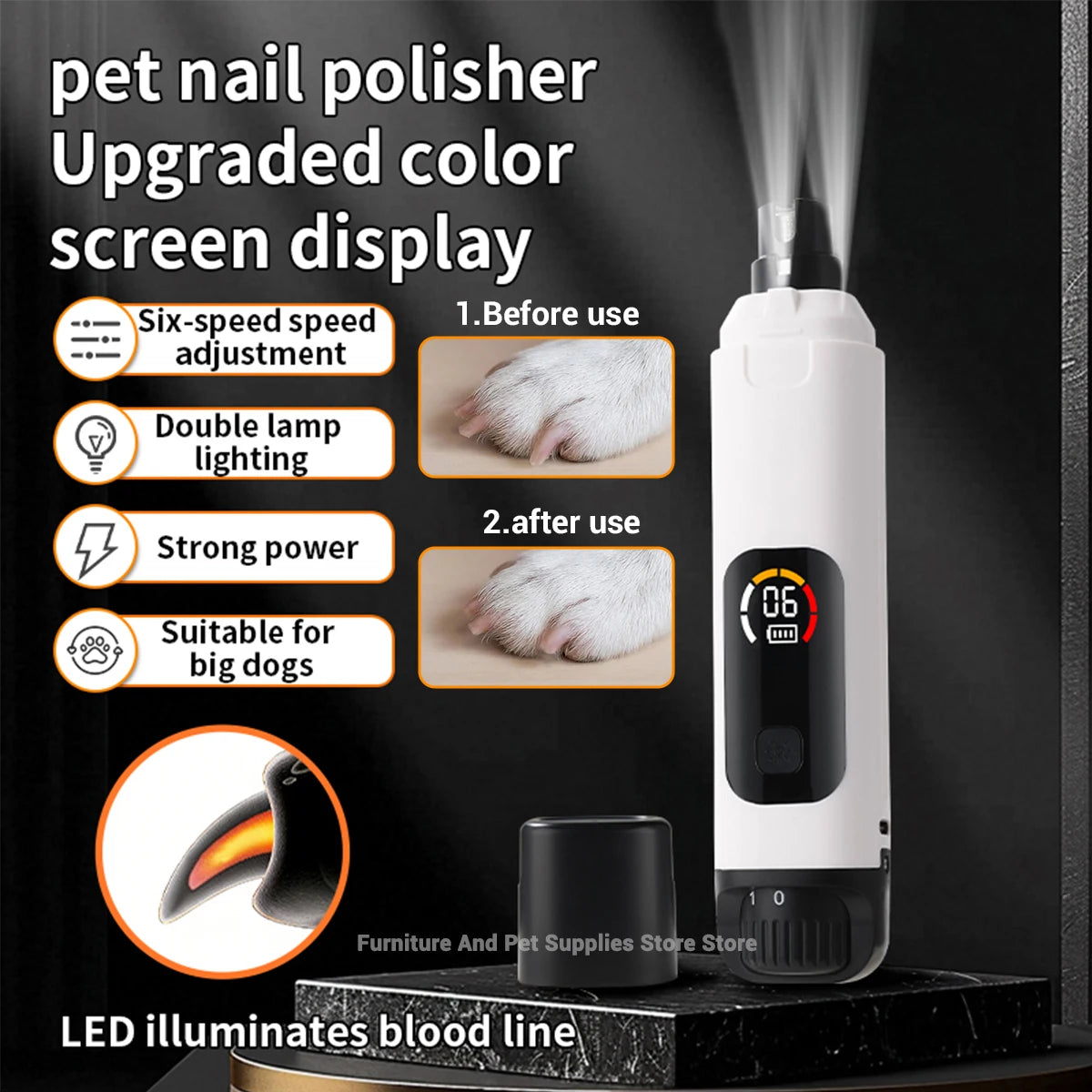 Pet Electric Nail Grinder – Rechargeable LED Dog & Cat Nail Clipper with 6-Speed Control