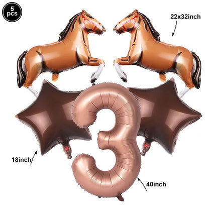 Horse Balloon Set, 30-Inch Horse-Shaped Balloons, 40-Inch Number Balloon and Star Balloons, Horse Racing-Themed Birthday Party Decorations