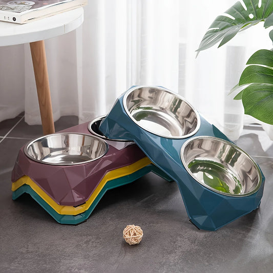 Stainless Steel Double Pet Bowl – Diamond Pattern Non-Slip Food & Water Feeder for Dogs & Cats