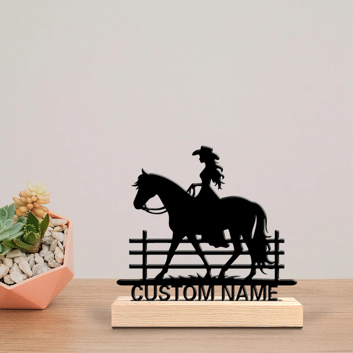 Custom Cowgirl Riding Horse Metal Statue with Wooden Base – Fashion Desktop & Bedroom Decor Sculpture