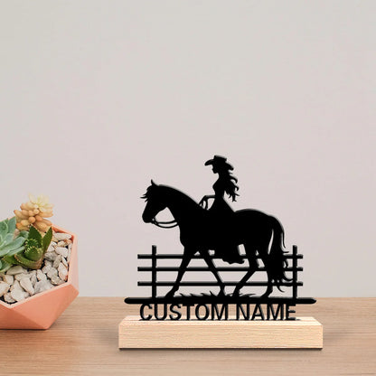 Custom Cowgirl Riding Horse Metal Statue with Wooden Base – Fashion Desktop & Bedroom Decor Sculpture