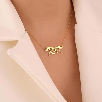 Custom Galloping Horse Name Necklace – Gold Stainless Steel Personalized Animal Pendant for Women & Men