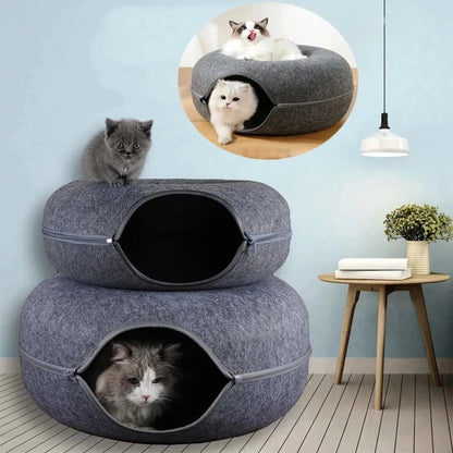 Round Cat Tunnel Bed, Felt Donut Nest & Scratcher for Kittens