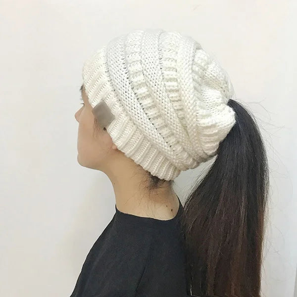 Women’s Winter Knit Beanie Hat, Messy Bun & Ponytail Opening