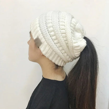 Women’s Winter Knit Beanie Hat, Messy Bun & Ponytail Opening