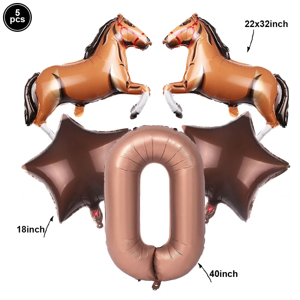 Horse Balloon Set, 30-Inch Horse-Shaped Balloons, 40-Inch Number Balloon and Star Balloons, Horse Racing-Themed Birthday Party Decorations