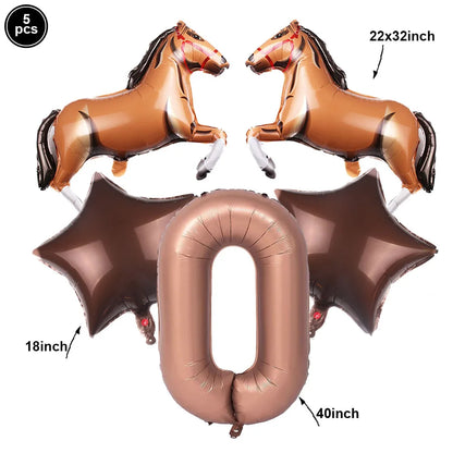 Horse Balloon Set, 30-Inch Horse-Shaped Balloons, 40-Inch Number Balloon and Star Balloons, Horse Racing-Themed Birthday Party Decorations