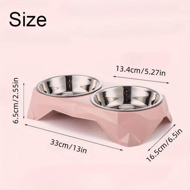 Stainless Steel Double Pet Bowl – Diamond Pattern Non-Slip Food & Water Feeder for Dogs & Cats