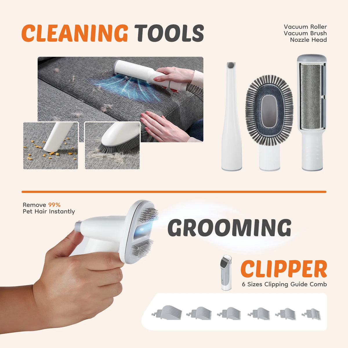 2.5L Pet Grooming Vacuum Kit, Cordless Low-Noise Clippers, 3 Suction Modes & 5 Tools