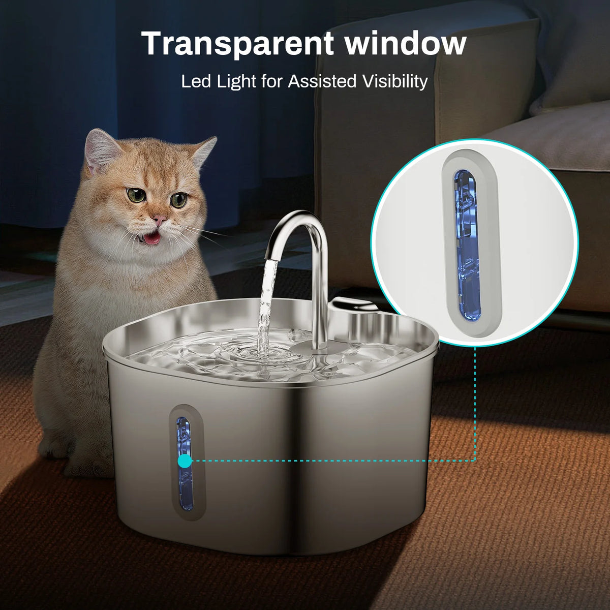 ZYFeeder 2.2L Automatic Cat Water Fountain – Stainless Steel Square Pet Drinking Fountain with Water Level Window