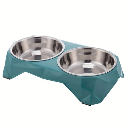 Stainless Steel Double Pet Bowl – Diamond Pattern Non-Slip Food & Water Feeder for Dogs & Cats