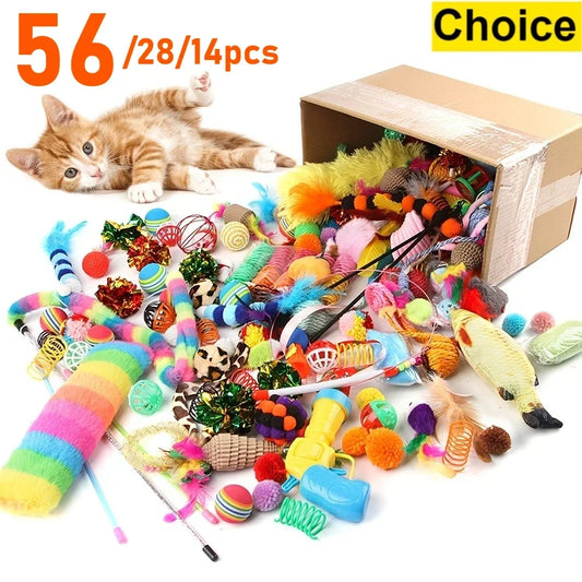 Cat Toys Mixed Pack (56/28/14 pcs) – Plastic & Plush Toy Variety Set for Multiple Cats