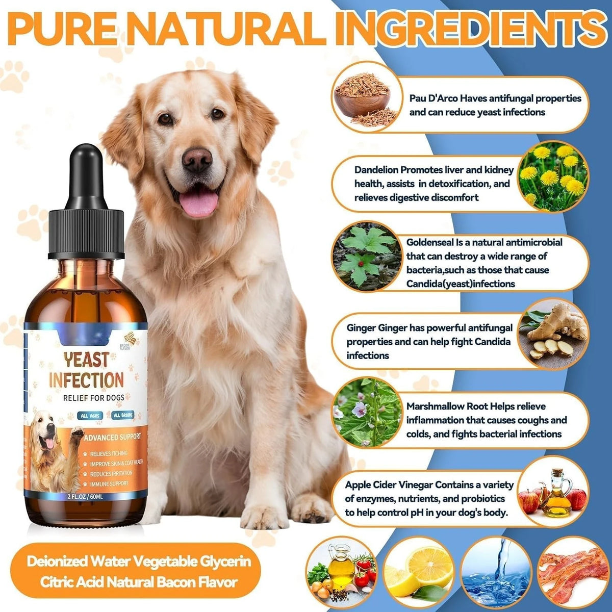 Natural Yeast Relief Drops for Dogs – 60ml Ear & Skin Comfort Allergy Support Supplement