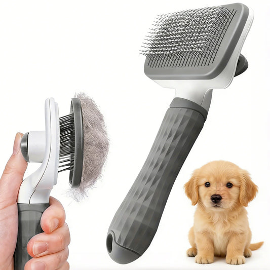 Self-Cleaning Slicker Brush for Dogs & Cats – Bent Needle Massage Comb with One-Click Hair Removal