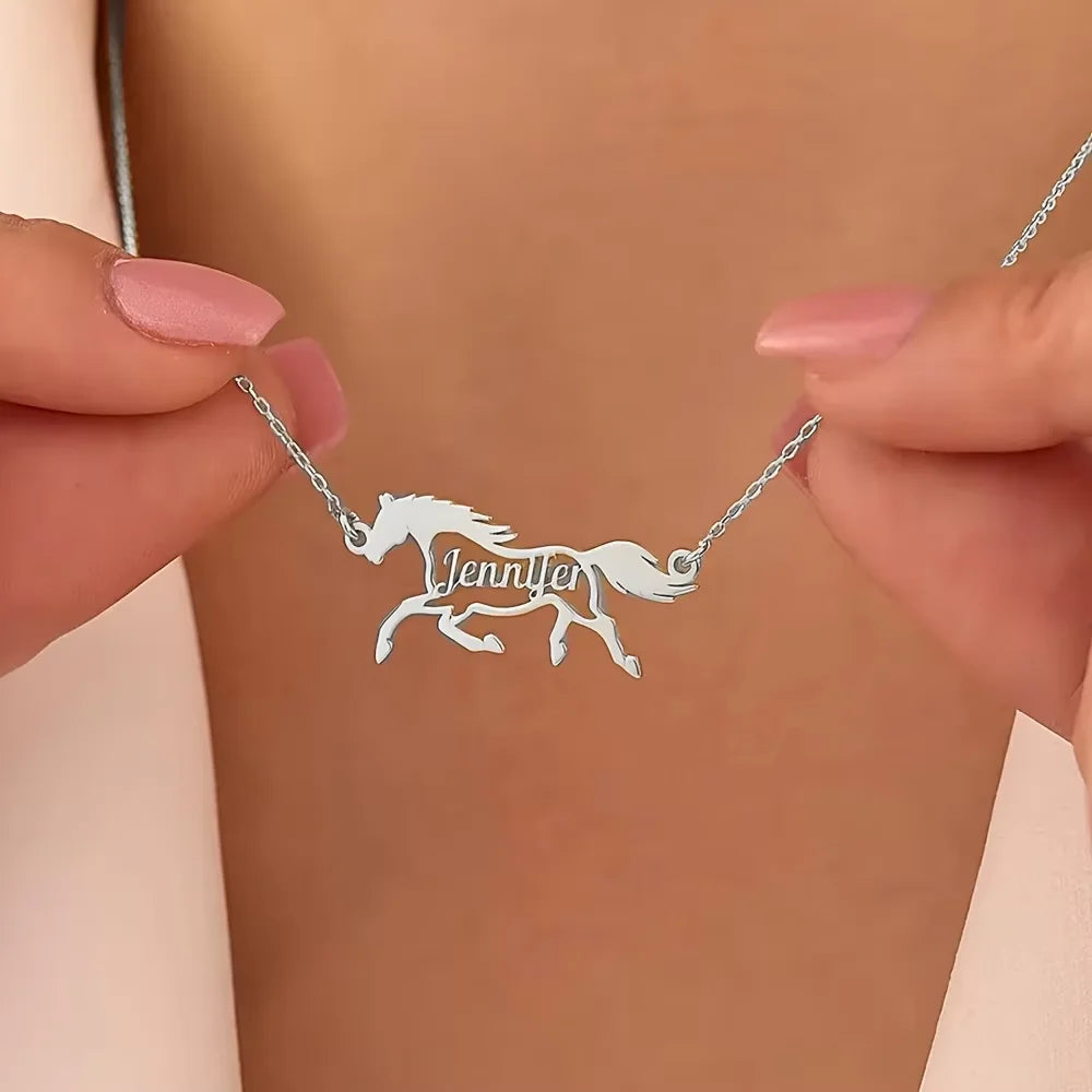 Custom Galloping Horse Name Necklace – Gold Stainless Steel Personalized Animal Pendant for Women & Men