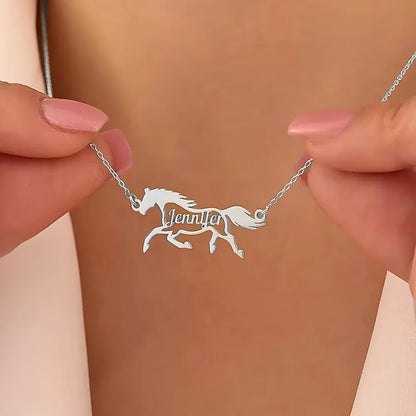 Custom Galloping Horse Name Necklace – Gold Stainless Steel Personalized Animal Pendant for Women & Men