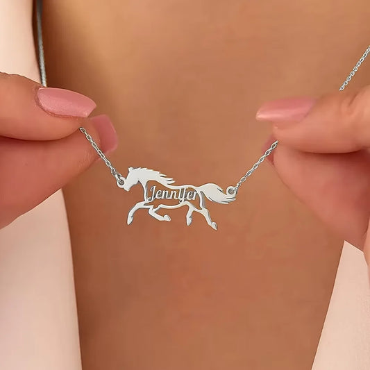 Custom Galloping Horse Name Necklace – Gold Stainless Steel Personalized Animal Pendant for Women & Men