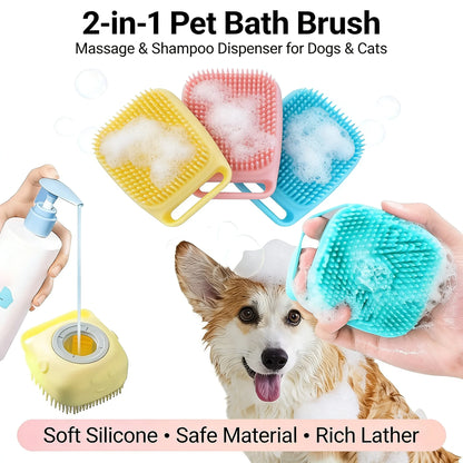 2-In-1 Silicone Pet Bath Brush with Shampoo Dispenser – Gentle Massage Grooming Tool
