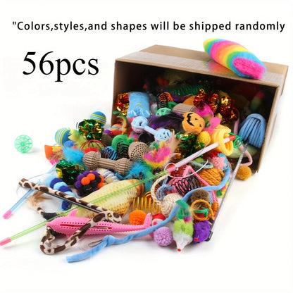 Cat Toys Mixed Pack (56/28/14 pcs) – Plastic & Plush Toy Variety Set for Multiple Cats