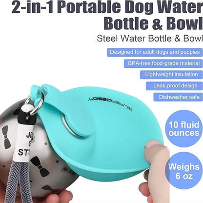 Stainless Steel Dog Water Bottle, No-Spill Travel Bowl for Walking & Hiking