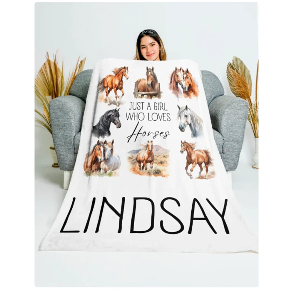 Personalized Horse Lover Blanket – Custom “Just a Girl Who Loves Horses” Equestrian Throw Blanket