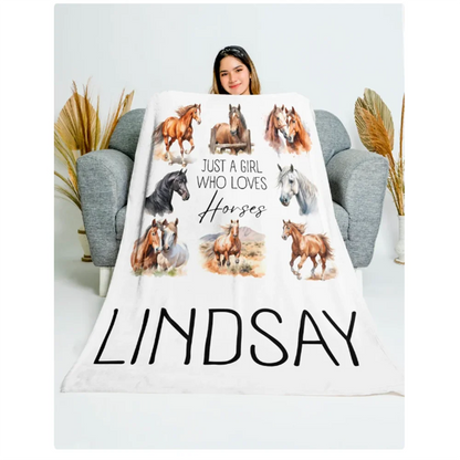 Personalized Horse Lover Blanket – Custom “Just a Girl Who Loves Horses” Equestrian Throw Blanket