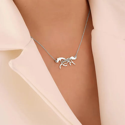 Custom Galloping Horse Name Necklace – Gold Stainless Steel Personalized Animal Pendant for Women & Men