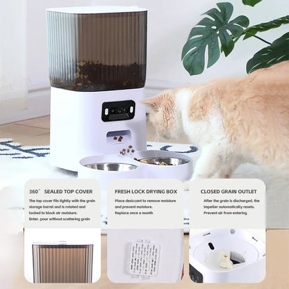 5L Smart Automatic Cat Feeder with Camera – Dual Bowl WiFi Pet Food Dispenser with Voice Recorder for Cats & Dogs