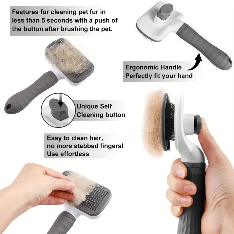 Self-Cleaning Slicker Brush for Dogs & Cats – Bent Needle Massage Comb with One-Click Hair Removal