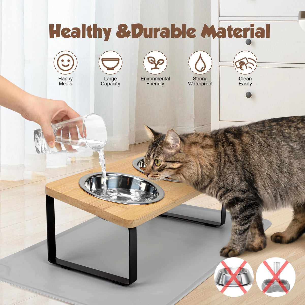 Elevated Cat Bowls with Food Mat – 15° Tilted Stand, Raised Stainless Steel Double Bowl Feeder for Cats