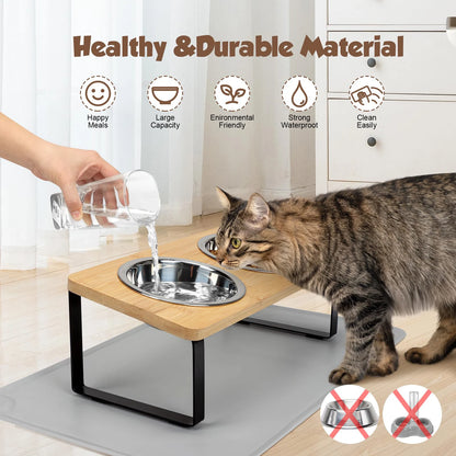 Elevated Cat Bowls with Food Mat – 15° Tilted Stand, Raised Stainless Steel Double Bowl Feeder for Cats