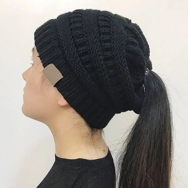 Women’s Winter Knit Beanie Hat, Messy Bun & Ponytail Opening