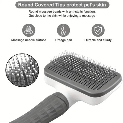 Self-Cleaning Slicker Brush for Dogs & Cats – Bent Needle Massage Comb with One-Click Hair Removal