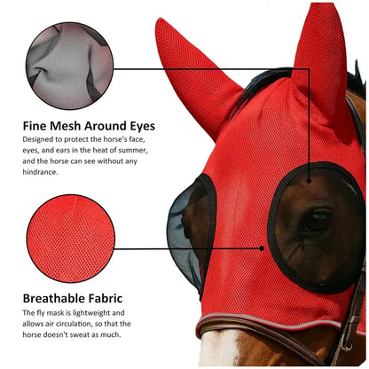New Elastic Horse Fly Mask, Breathable Adjustable Face Cover, Mosquito and Insect Protection for Horses, Comfortable Equestrian Riding Gear