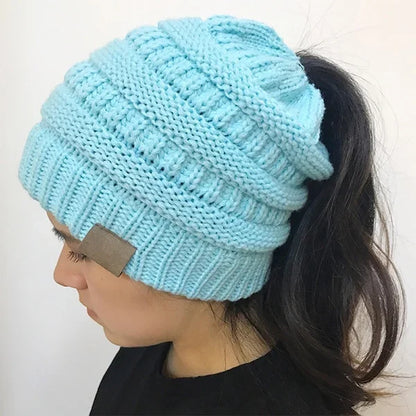 Women’s Winter Knit Beanie Hat, Messy Bun & Ponytail Opening