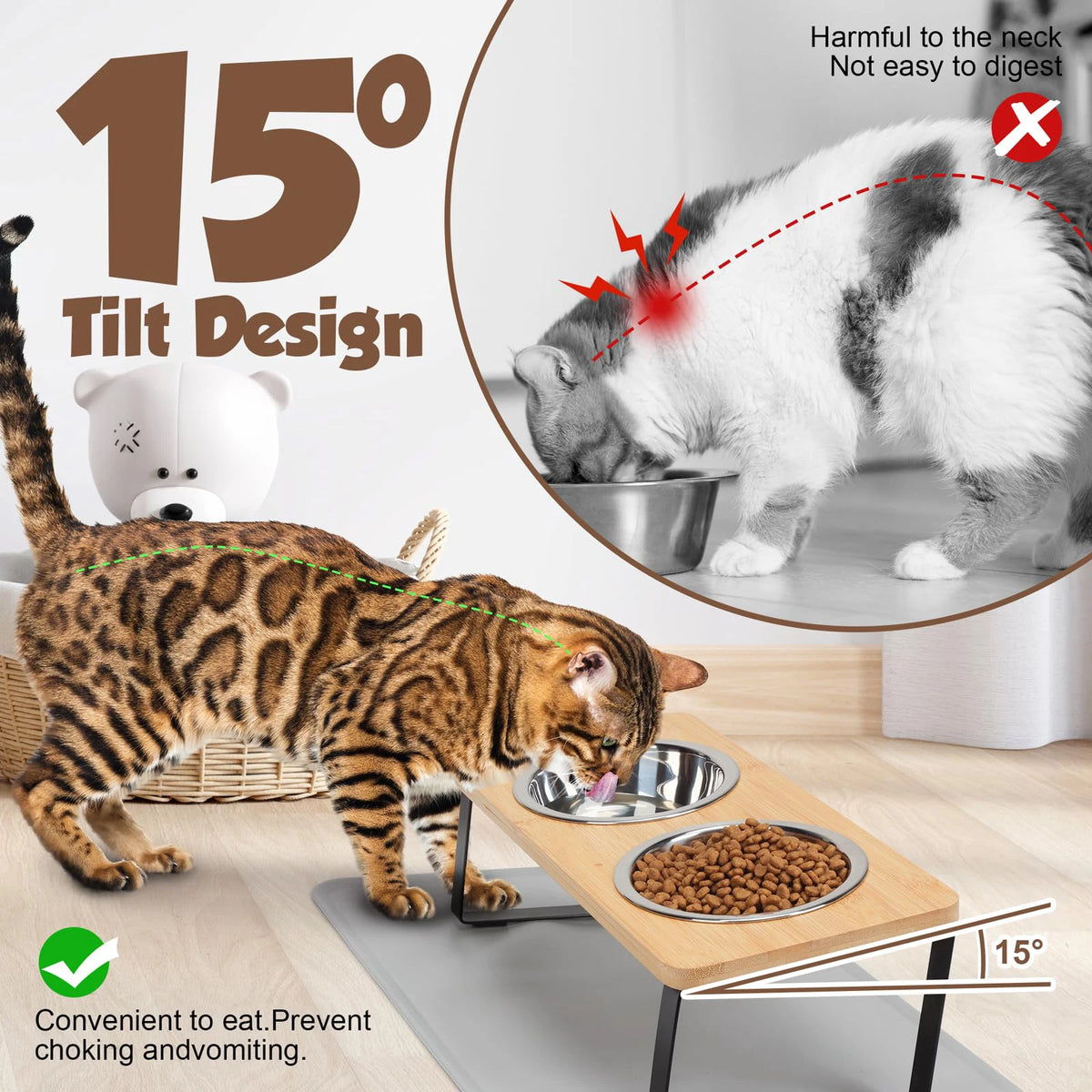 Elevated Cat Bowls with Food Mat – 15° Tilted Stand, Raised Stainless Steel Double Bowl Feeder for Cats