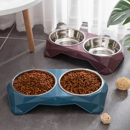 Stainless Steel Double Pet Bowl – Diamond Pattern Non-Slip Food & Water Feeder for Dogs & Cats