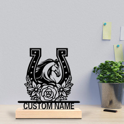 Personalized Horse Metal Statue with Wooden Base – Desktop Animal Sculpture Gift for Horse Lovers