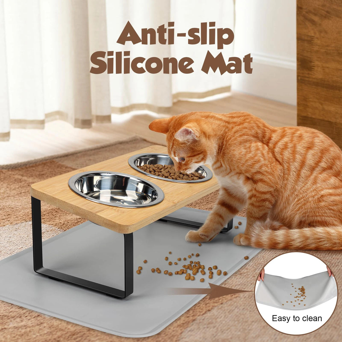Elevated Cat Bowls with Food Mat – 15° Tilted Stand, Raised Stainless Steel Double Bowl Feeder for Cats