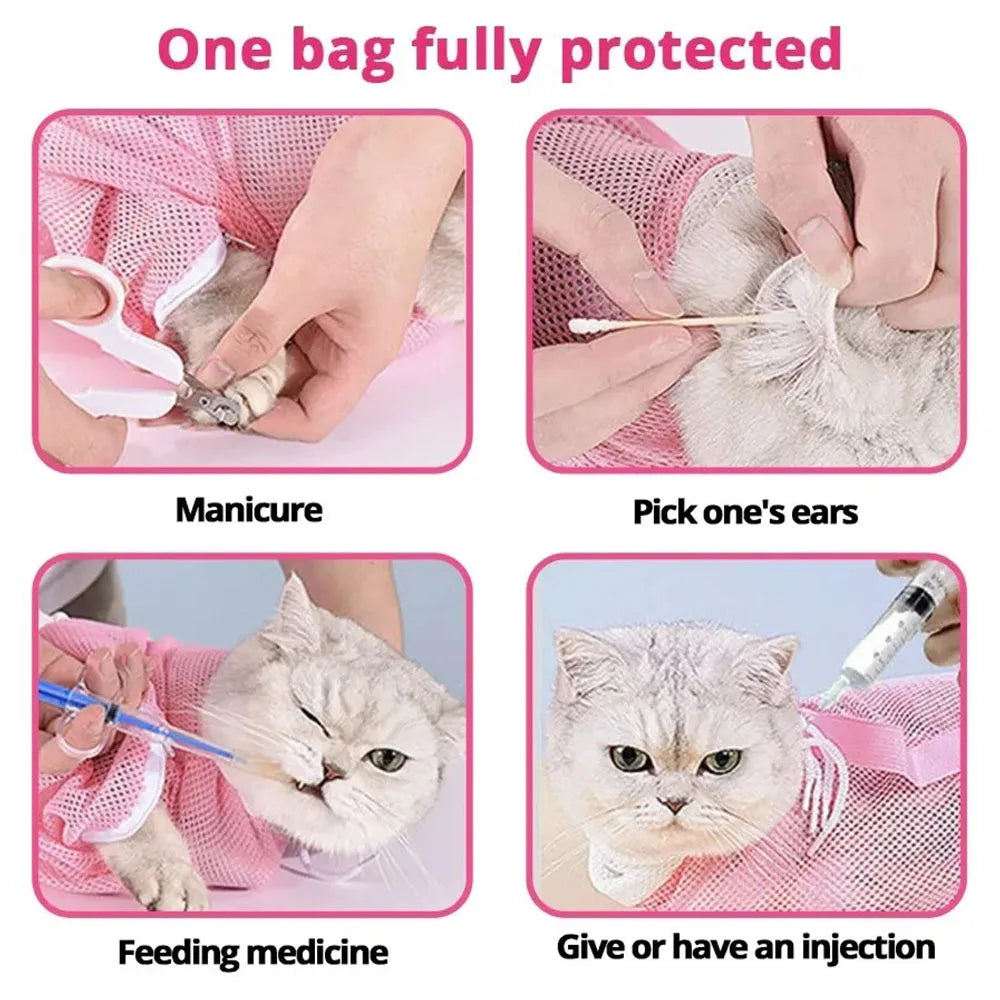 Adjustable Mesh Cat Grooming & Bathing Bag – Anti-Scratch Restraint for Washing, Nail Trimming & Care