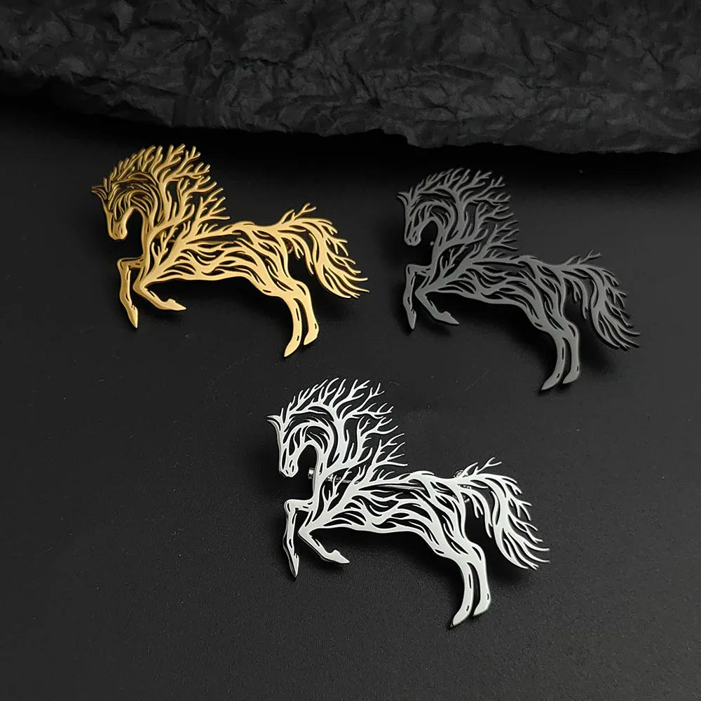 Horse Brooch, Stainless Steel Animal Lapel Pin with Tree Design, Fashion Suit and Clothing Badge, Handbag Accessory, Gift for Friends