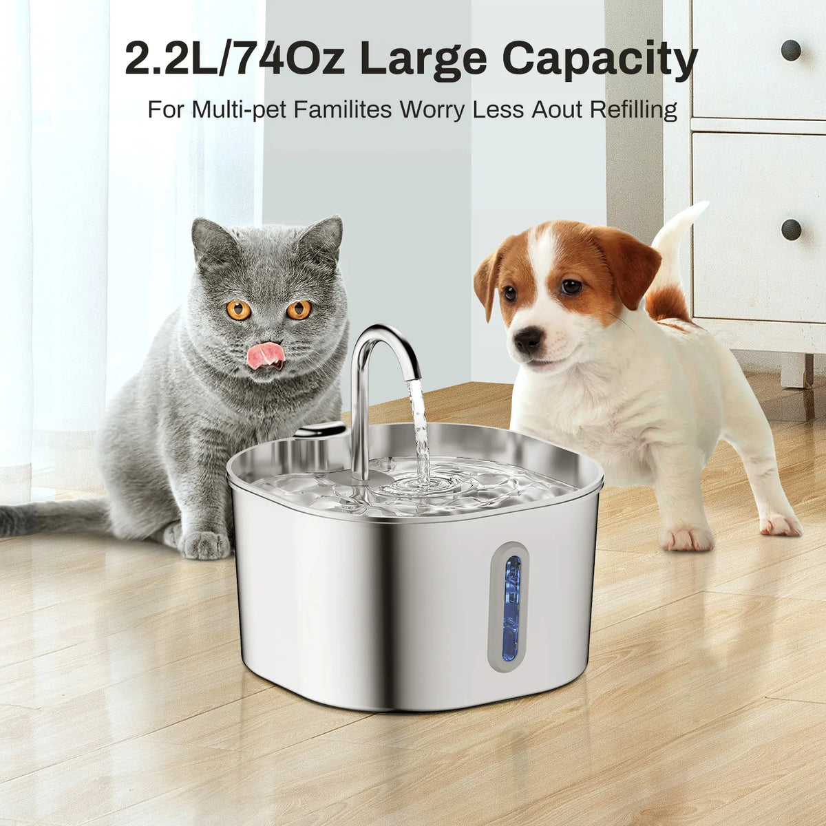 ZYFeeder 2.2L Automatic Cat Water Fountain – Stainless Steel Square Pet Drinking Fountain with Water Level Window