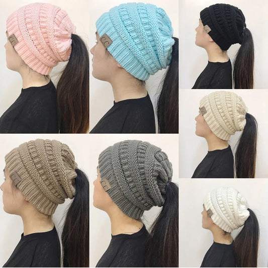 Women’s Winter Knit Beanie Hat, Messy Bun & Ponytail Opening