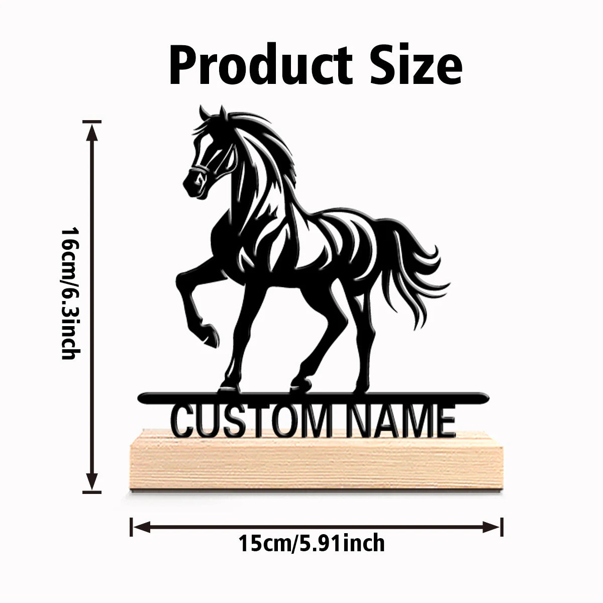 Personalized Horse Metal Statue with Wooden Base – Custom Desktop Sculpture Gift for Horse Lovers